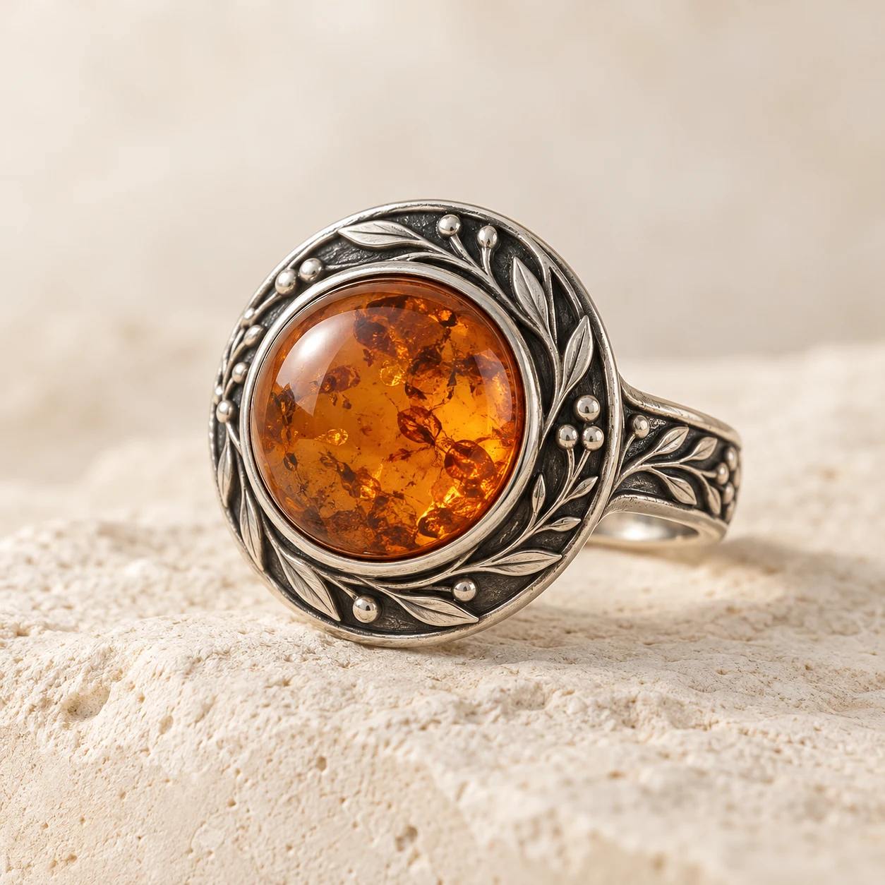 Botanical Orbit: cognac round amber ring with orbiting botanical branches