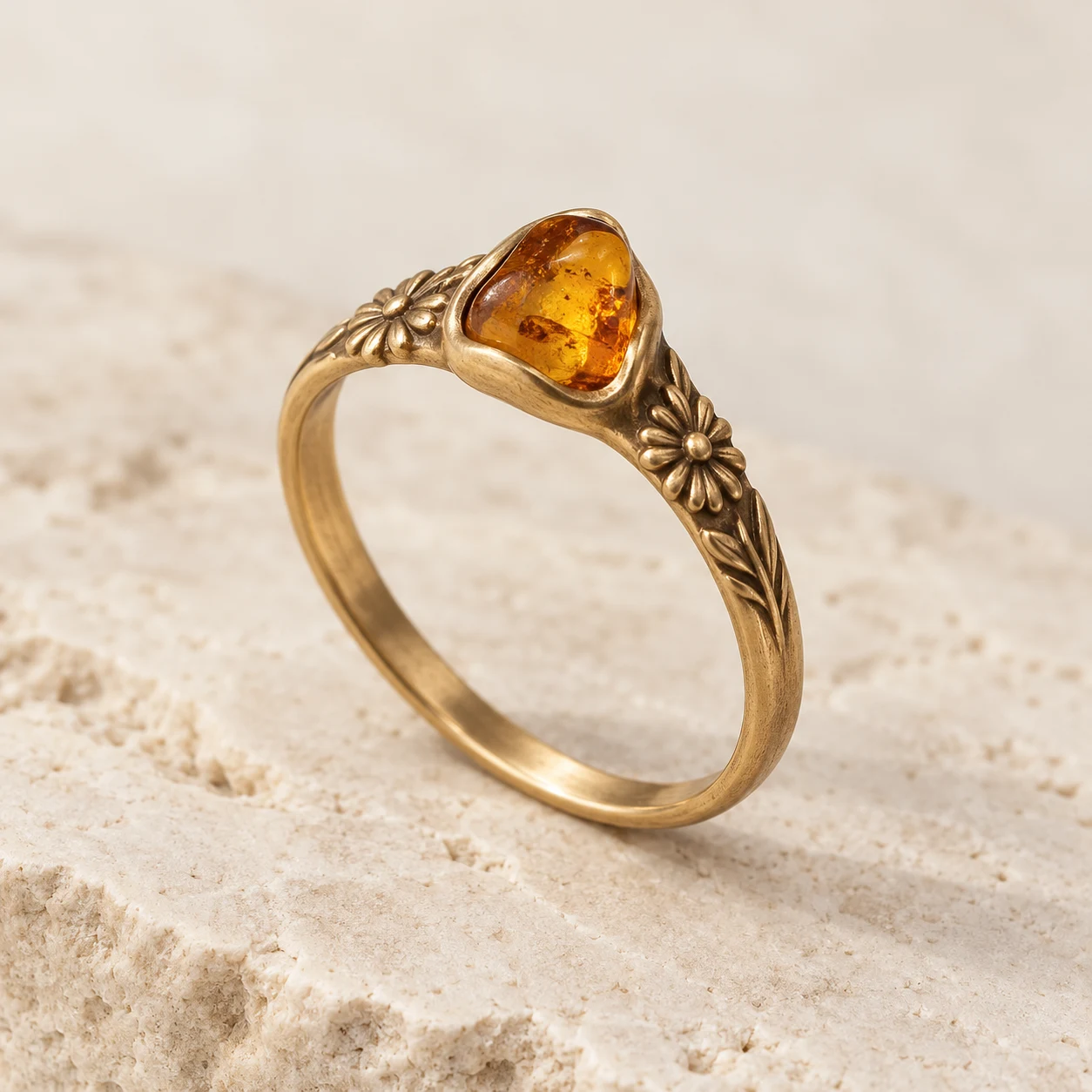Daisy Trace: honey irregular amber ring with daisy flowers
