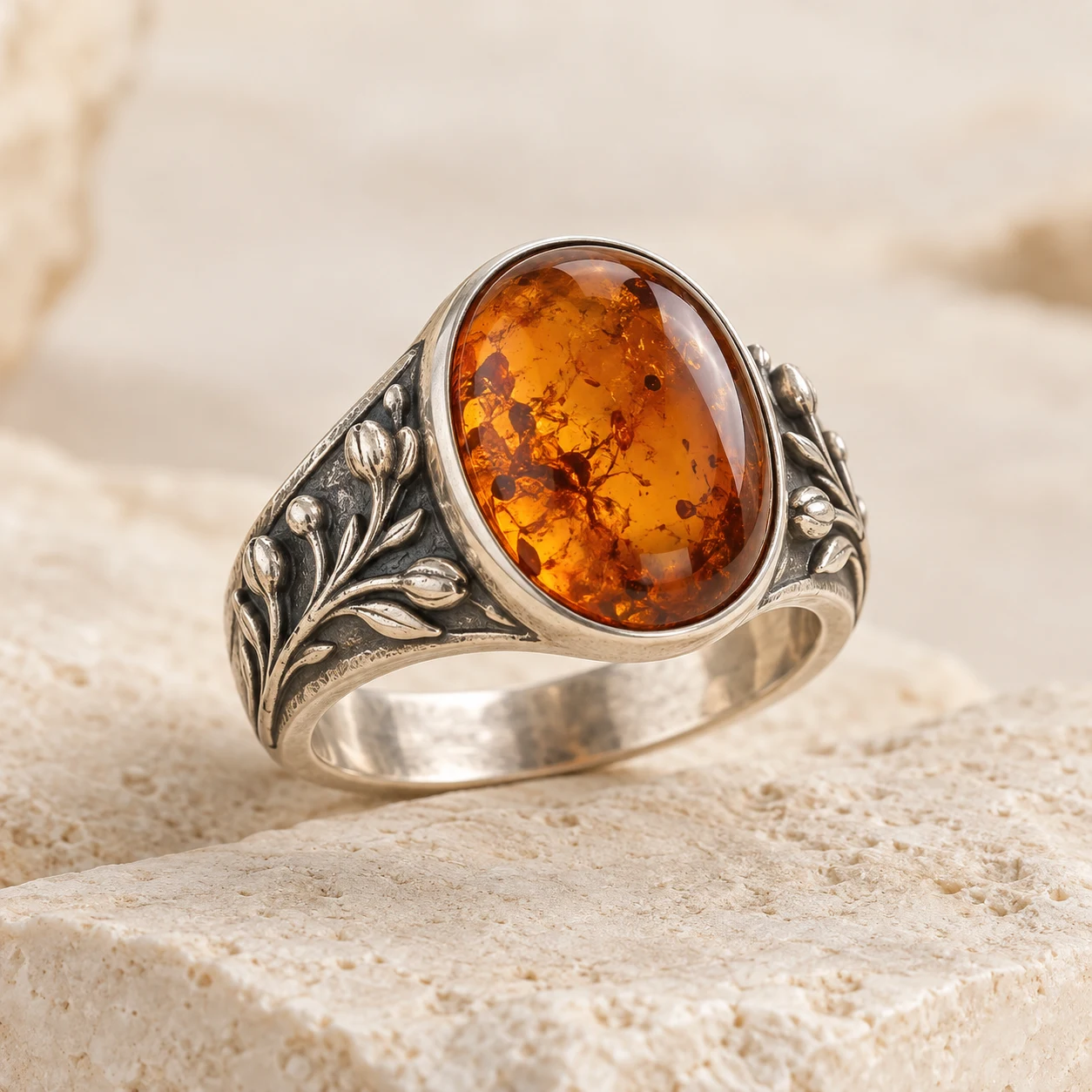 Desert Bloom: cognac oval amber ring with desert flower branches