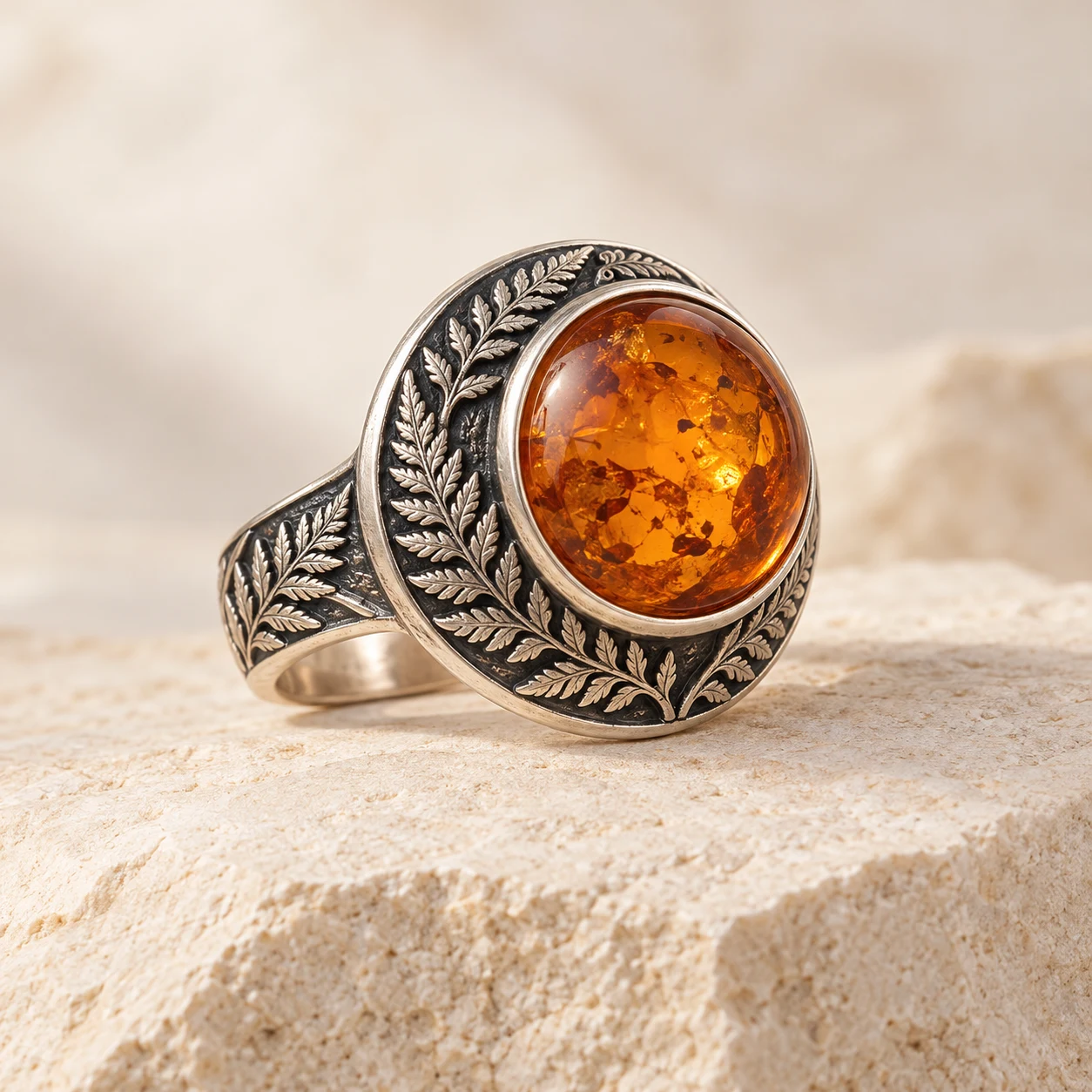 Fern Heirloom: cognac round amber ring with fern fronds
