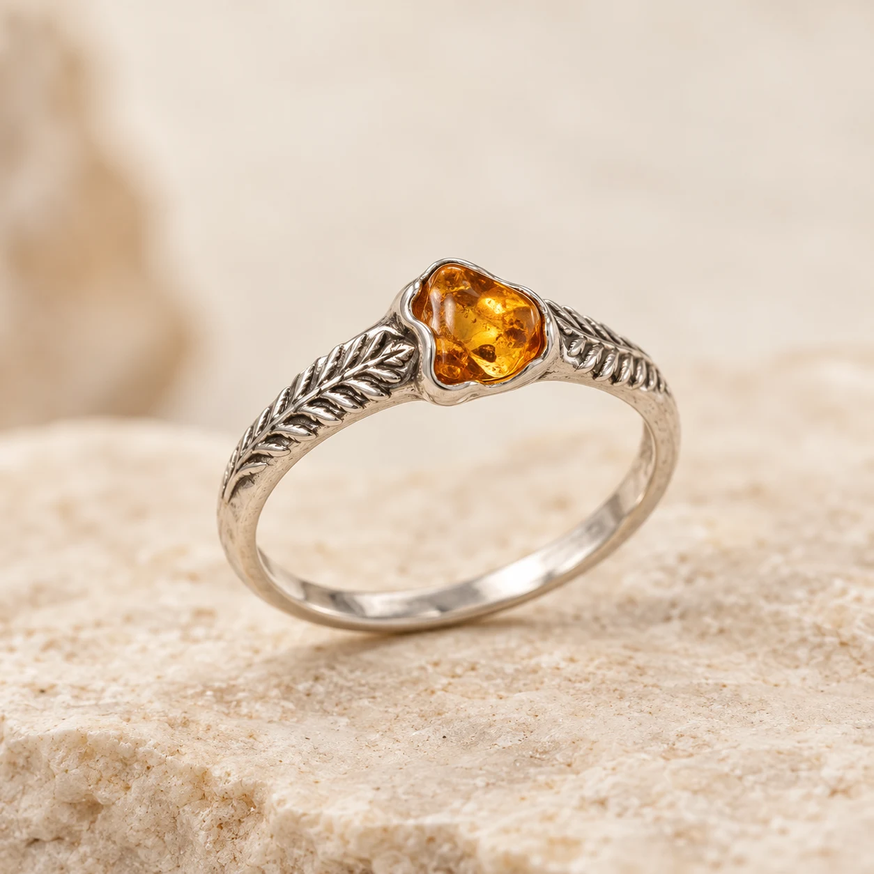 Fern Trace: honey irregular amber ring with fern fronds