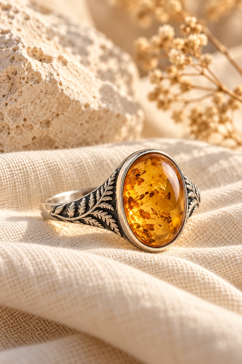 Botanical amber ring in warm natural light with linen and earthy textures