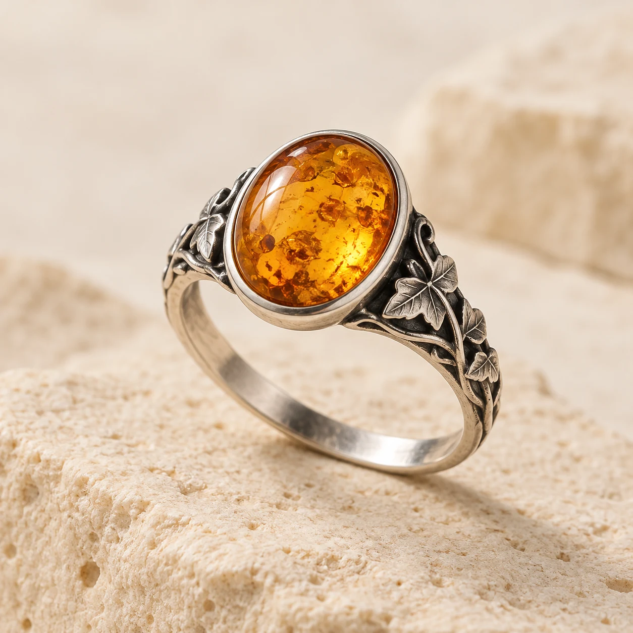Ivy Embrace: golden-honey oval amber ring with ivy leaves