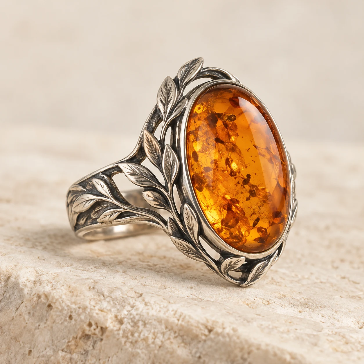 Laurel Muse: deep-honey oval amber ring with laurel leaves