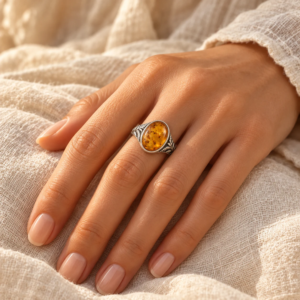 An amber ring worn with a relaxed linen outfit in soft natural light
