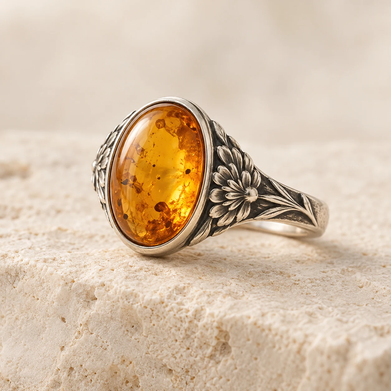 Marigold Halo: golden-honey oval amber ring with marigold petals