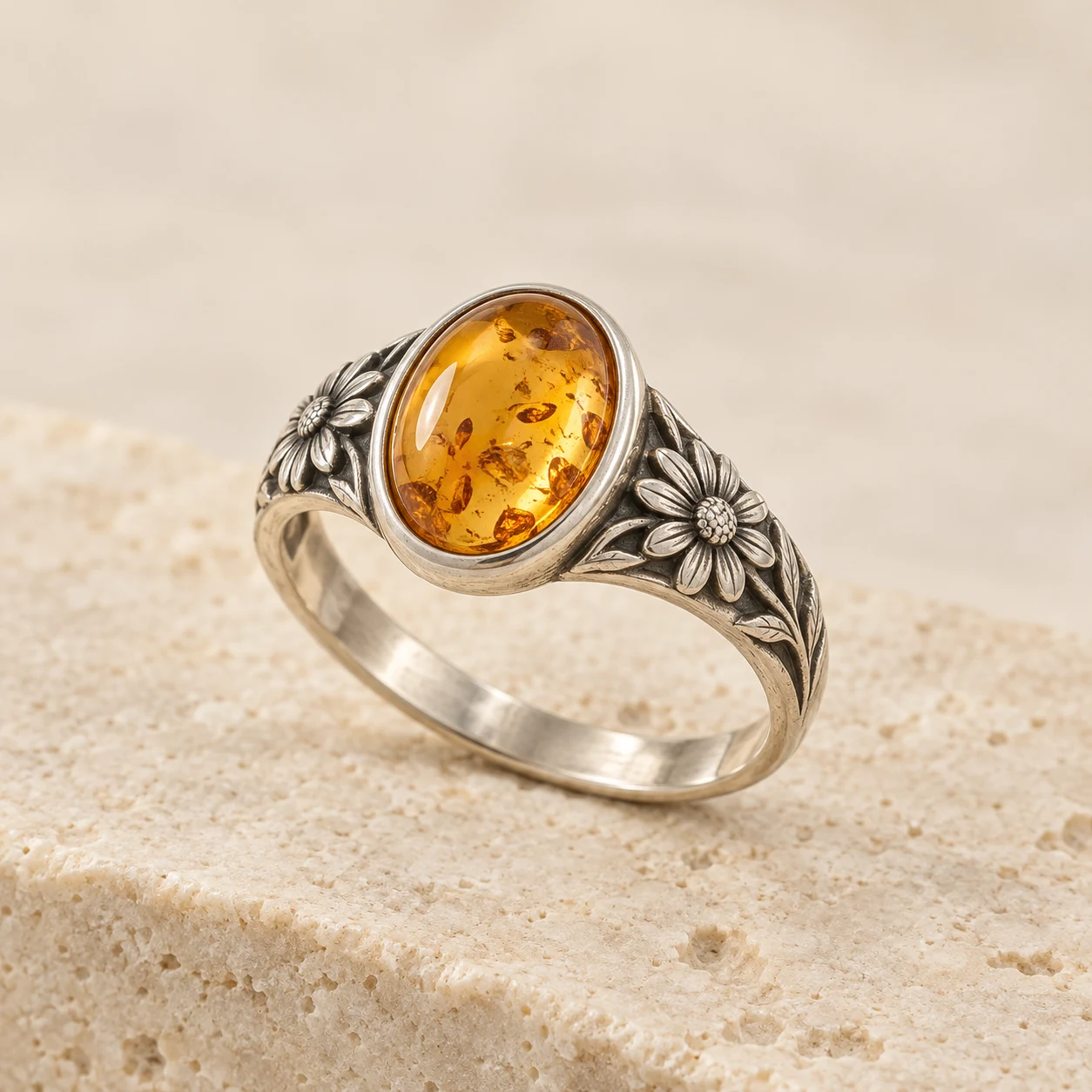 Meadow Daisy: light-honey oval amber ring with daisy flowers