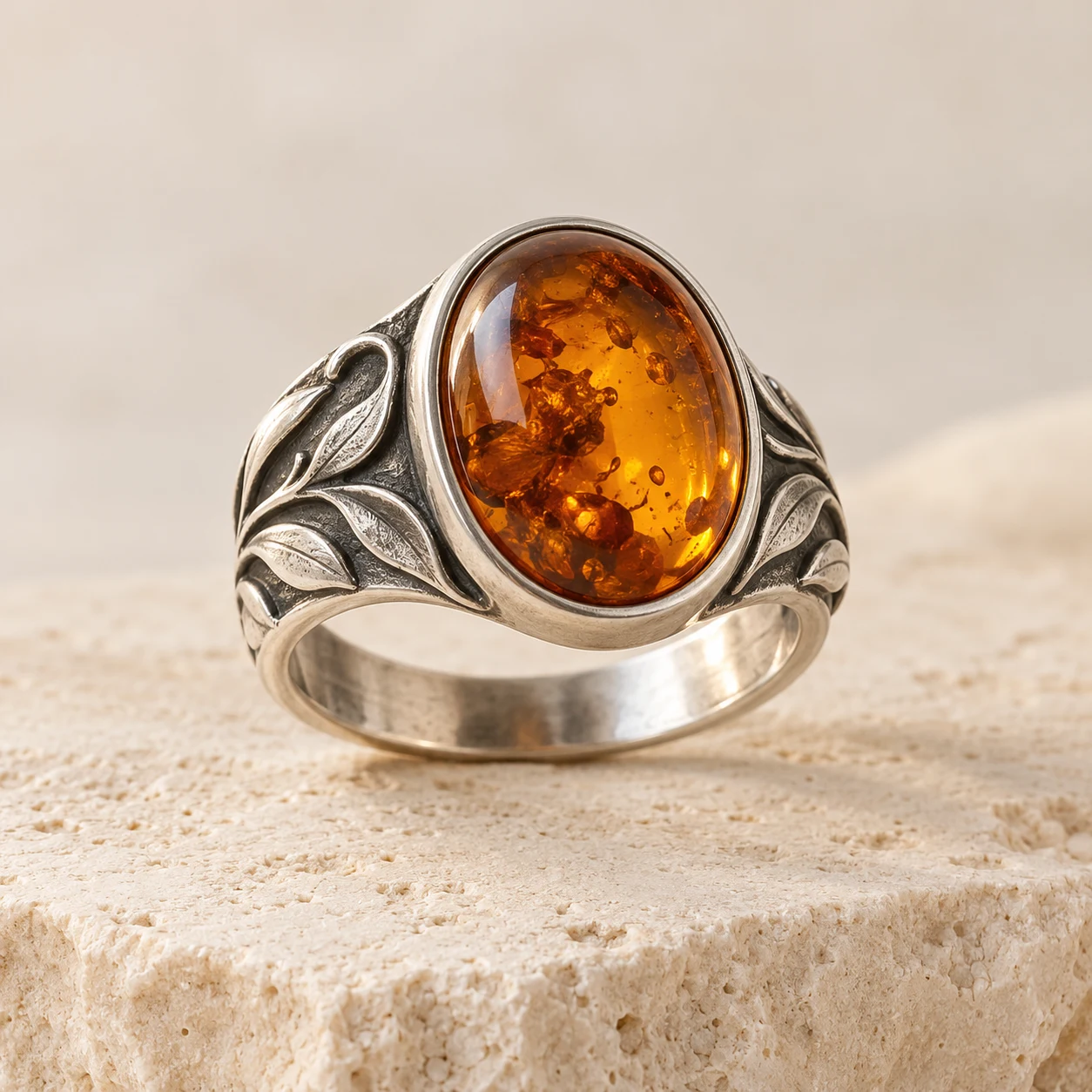 Moonleaf: cognac oval amber ring with crescent-shaped leaves