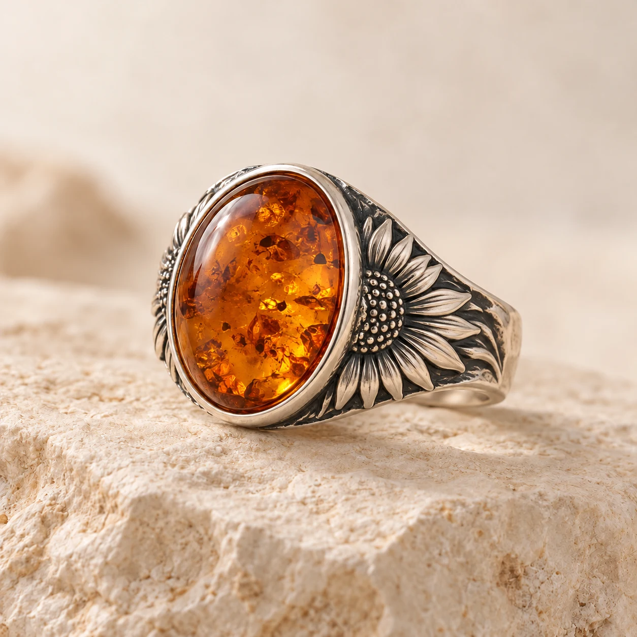 Sunflower Sol: cognac oval amber ring with sunflower petals