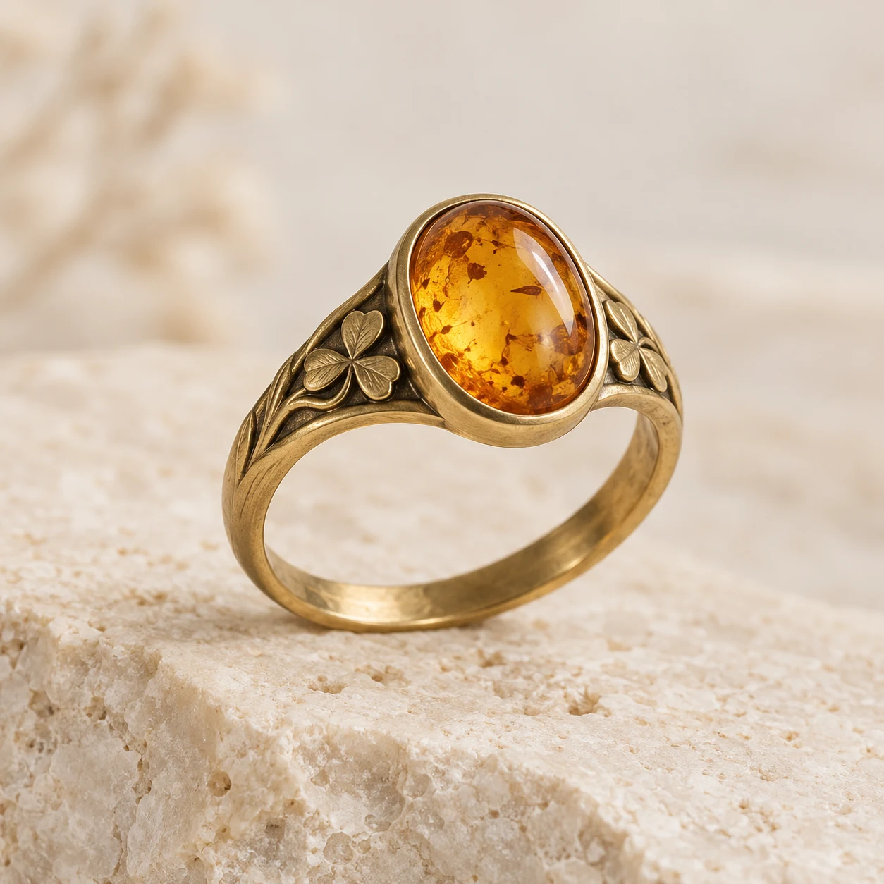 Wild Clover: light-honey oval amber ring with three-leaf clover