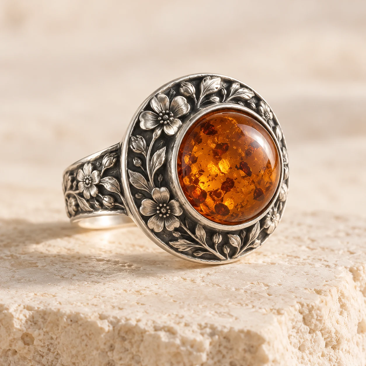 Wildflower Medallion: cognac round amber ring with wildflower blossoms