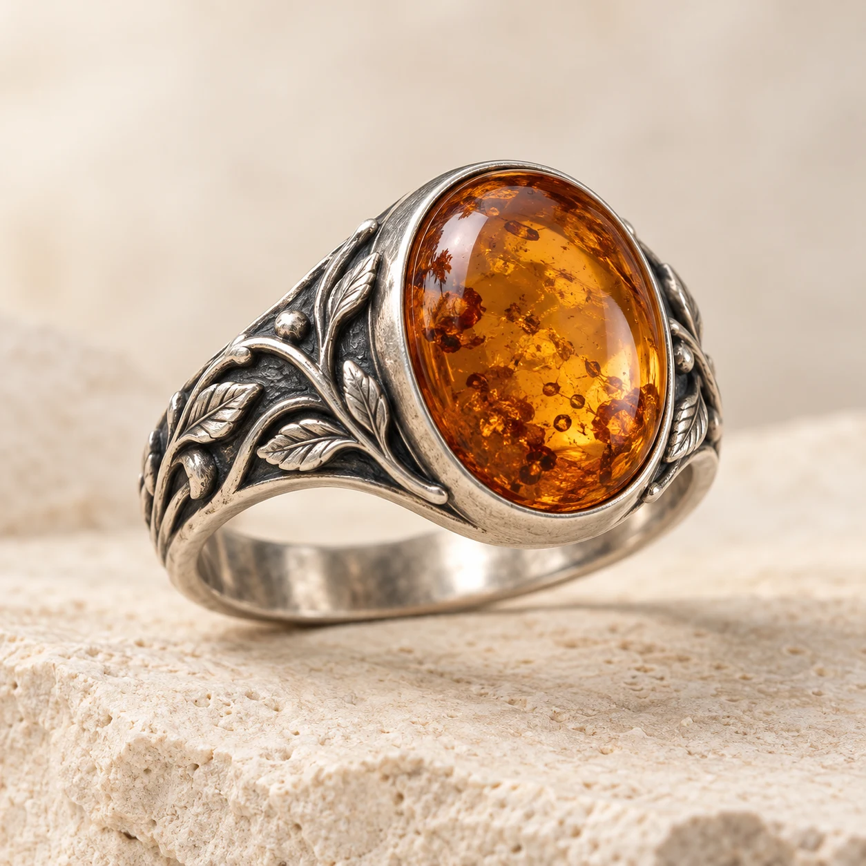 Woodland Vine: cognac oval amber ring with woodland vines